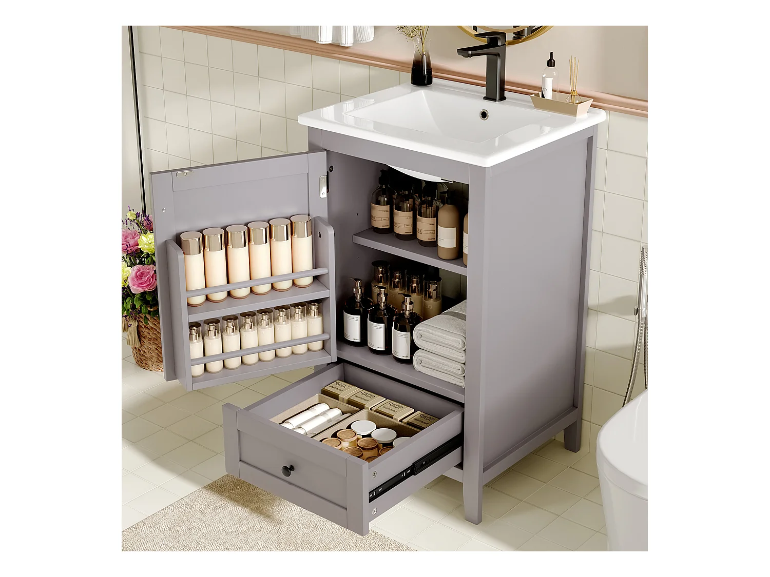 Meuble de salle de bain sur pied avec lavabo, portes à étagères, 1 tiroir silencieux, MDF, céramique, gris (51x46x85 cm)