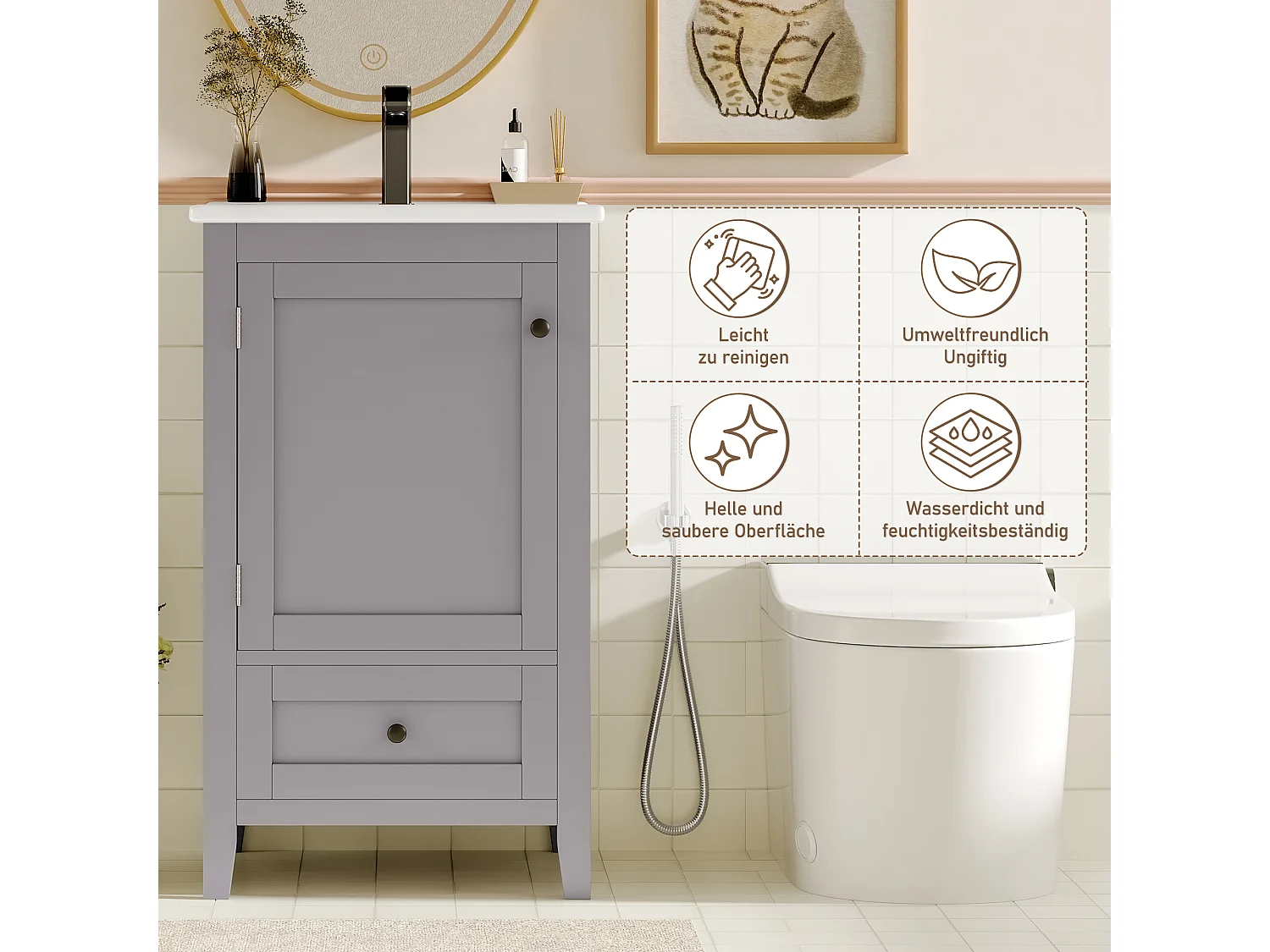 Meuble de salle de bain sur pied avec lavabo, portes à étagères, 1 tiroir silencieux, MDF, céramique, gris (51x46x85 cm)