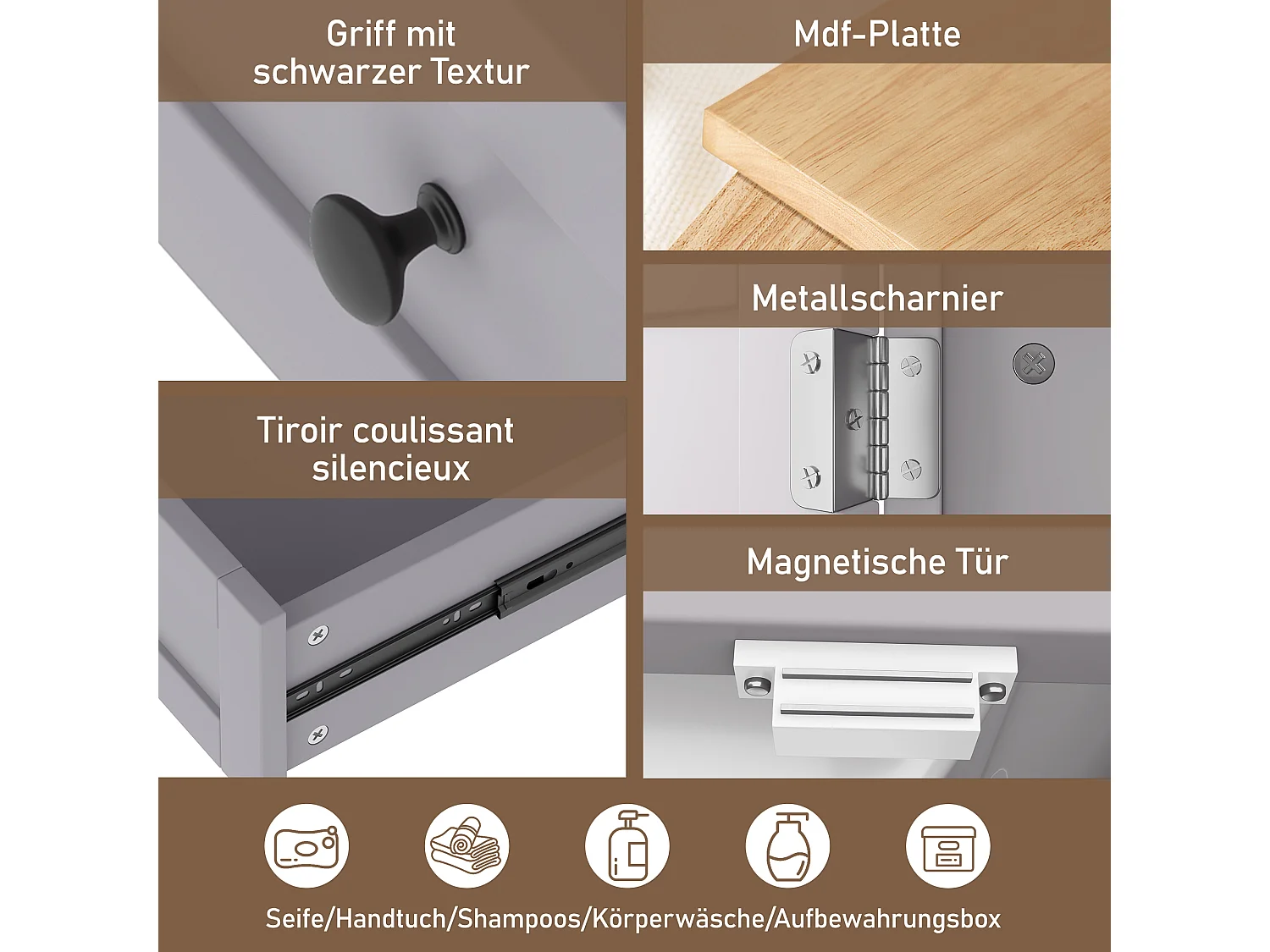Meuble de salle de bain sur pied avec lavabo, portes à étagères, 1 tiroir silencieux, MDF, céramique, gris (51x46x85 cm)