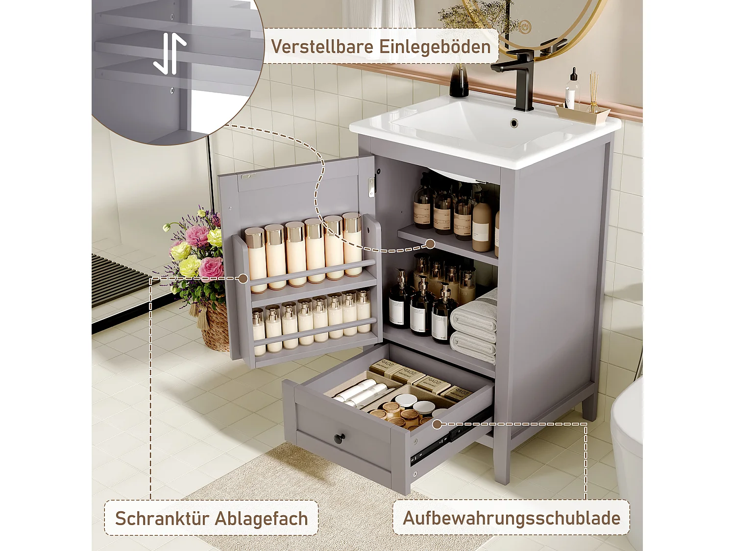 Meuble de salle de bain sur pied avec lavabo, portes à étagères, 1 tiroir silencieux, MDF, céramique, gris (51x46x85 cm)