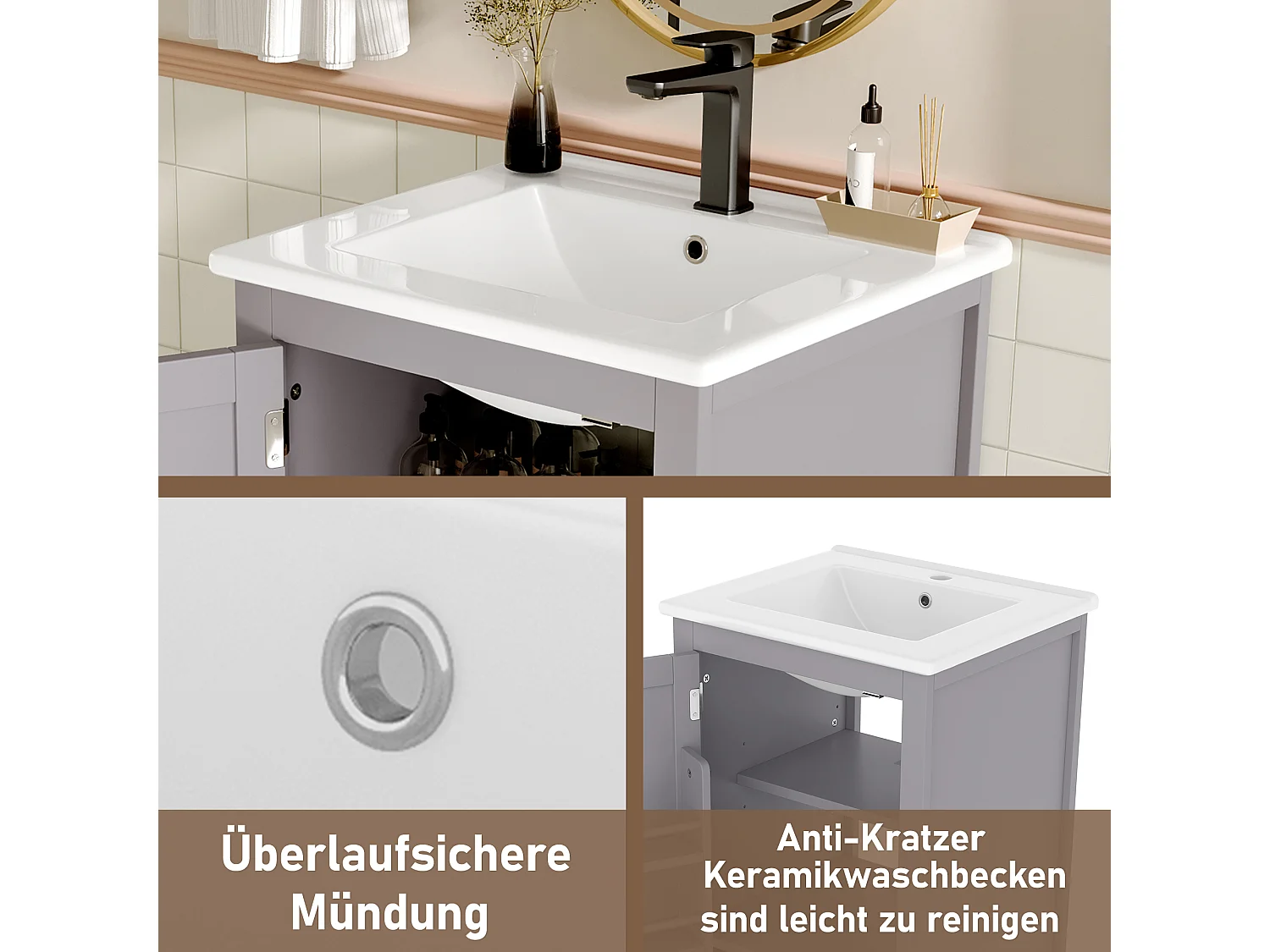 Meuble de salle de bain sur pied avec lavabo, portes à étagères, 1 tiroir silencieux, MDF, céramique, gris (51x46x85 cm)