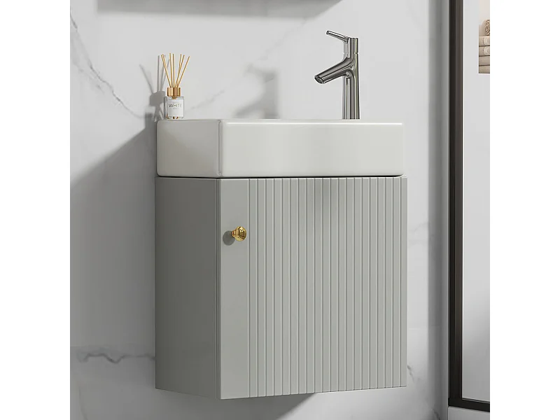 Meuble de salle de bain avec lavabo et sous-vasque, meuble suspendu, petit meuble pour salle de bain d'invités, MDF, gris et blanc (46x26x56 cm)