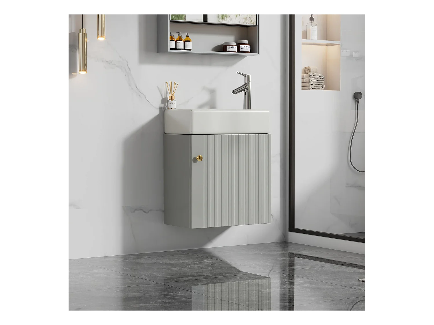 Meuble de salle de bain avec lavabo et sous-vasque, meuble suspendu, petit meuble pour salle de bain d'invités, MDF, gris et blanc (46x26x56 cm)