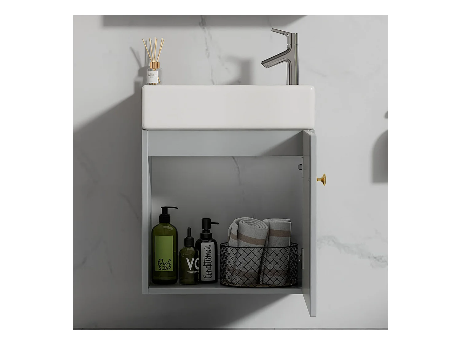 Meuble de salle de bain avec lavabo et sous-vasque, meuble suspendu, petit meuble pour salle de bain d'invités, MDF, gris et blanc (46x26x56 cm)
