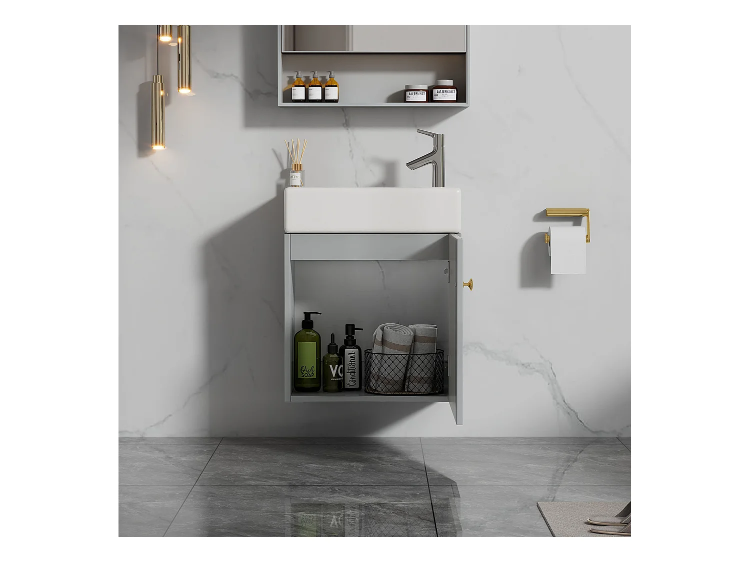 Meuble de salle de bain avec lavabo et sous-vasque, meuble suspendu, petit meuble pour salle de bain d'invités, MDF, gris et blanc (46x26x56 cm)