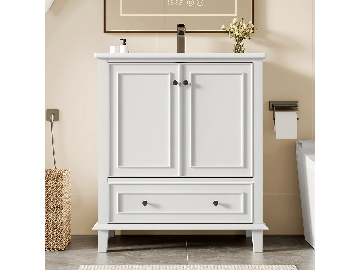 Meuble de salle de bain avec lavabo intégré, pieds en bois massif, MDF laqué, étagères réglables, céramique, blanc (76x46x87 cm)