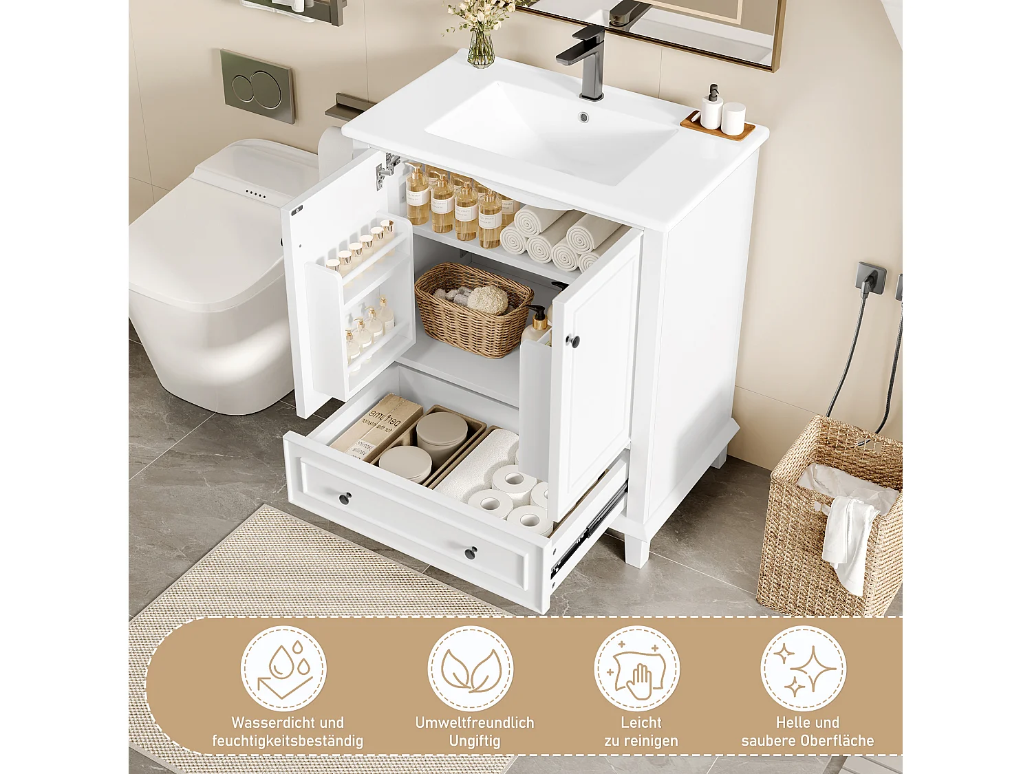 Meuble de salle de bain avec lavabo intégré, pieds en bois massif, MDF laqué, étagères réglables, céramique, blanc (76x46x87 cm)