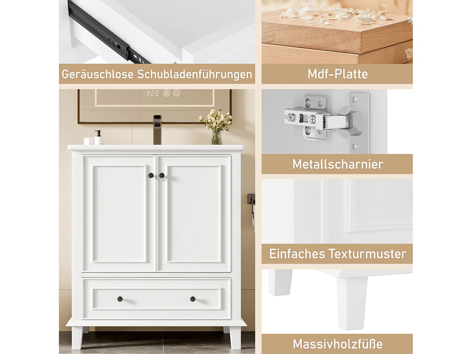 Meuble de salle de bain avec lavabo intégré, pieds en bois massif, MDF laqué, étagères réglables, céramique, blanc (76x46x87 cm)