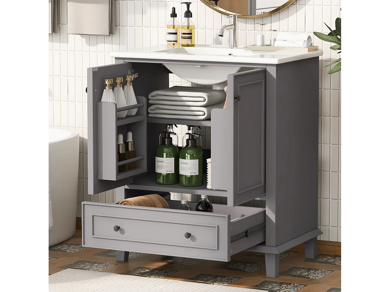 Meuble de salle de bain avec lavabo intégré, pieds en bois massif, MDF laqué, étagères réglables, céramique, gris (76x46x87 cm)