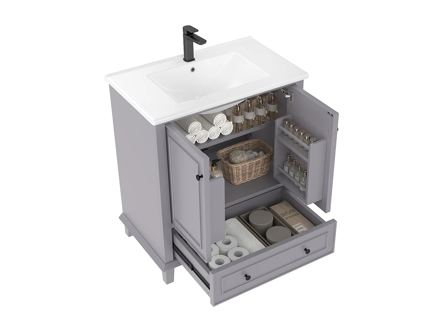 Meuble de salle de bain avec lavabo intégré, pieds en bois massif, MDF laqué, étagères réglables, céramique, gris (76x46x87 cm)