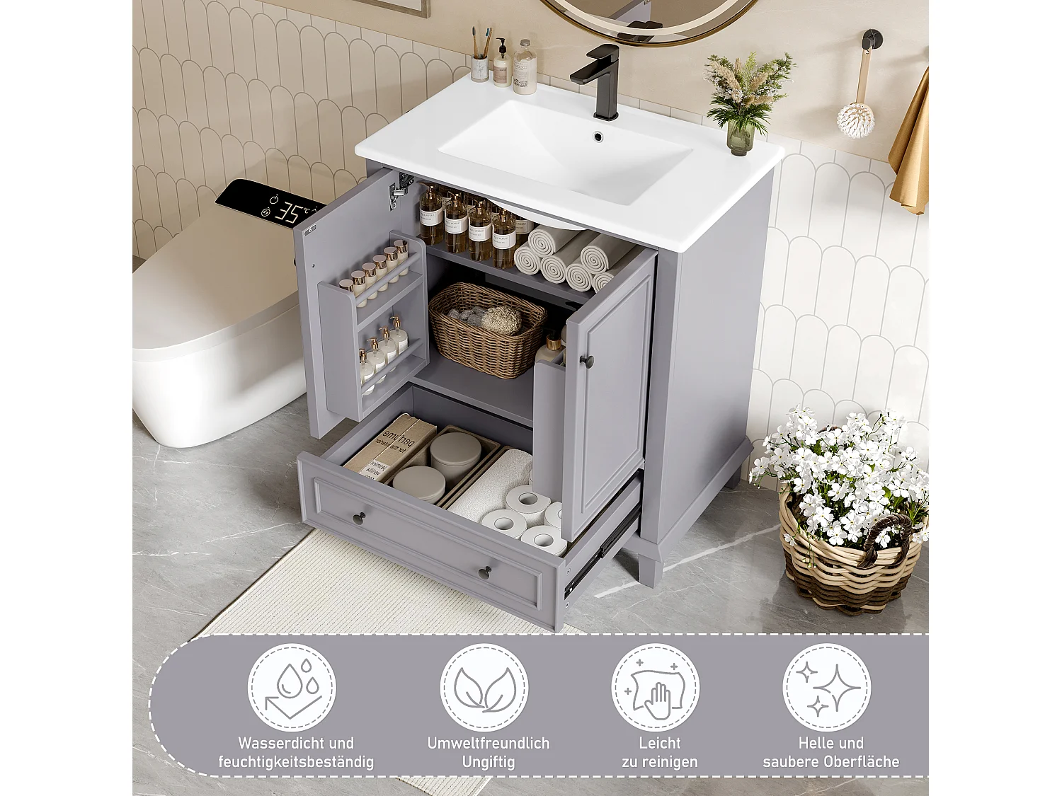 Meuble de salle de bain avec lavabo intégré, pieds en bois massif, MDF laqué, étagères réglables, céramique, gris (76x46x87 cm)