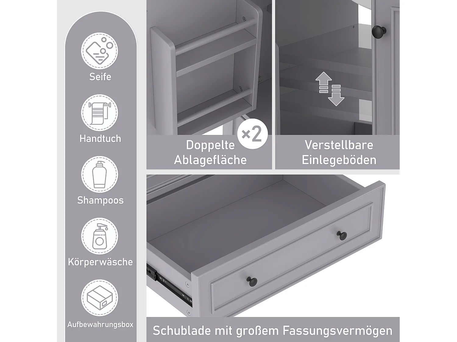 Meuble de salle de bain avec lavabo intégré, pieds en bois massif, MDF laqué, étagères réglables, céramique, gris (76x46x87 cm)