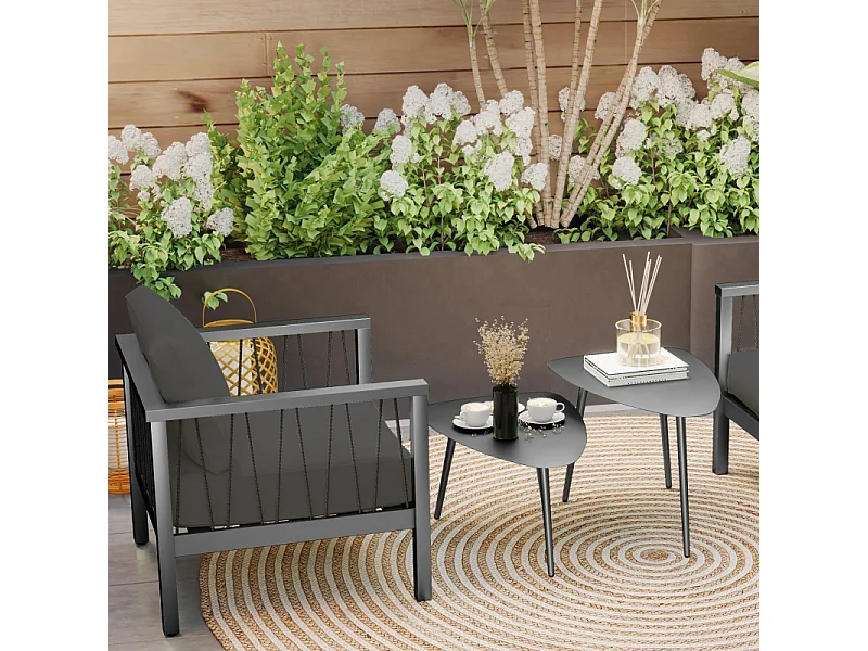 Set de 2 tables basses géométriques en acier, design moderne, noires, (65x45x45 cm)