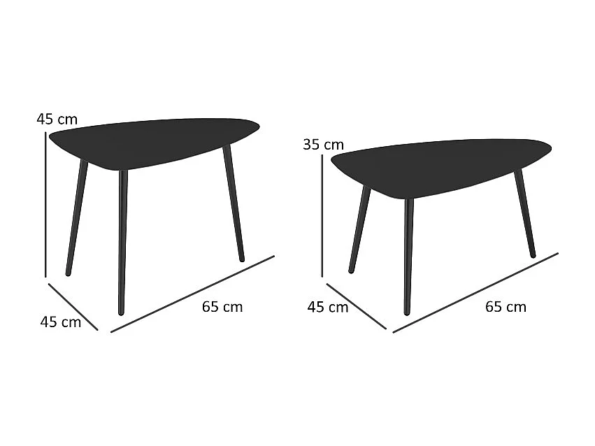 Set de 2 tables basses géométriques en acier, design moderne, noires, (65x45x45 cm)