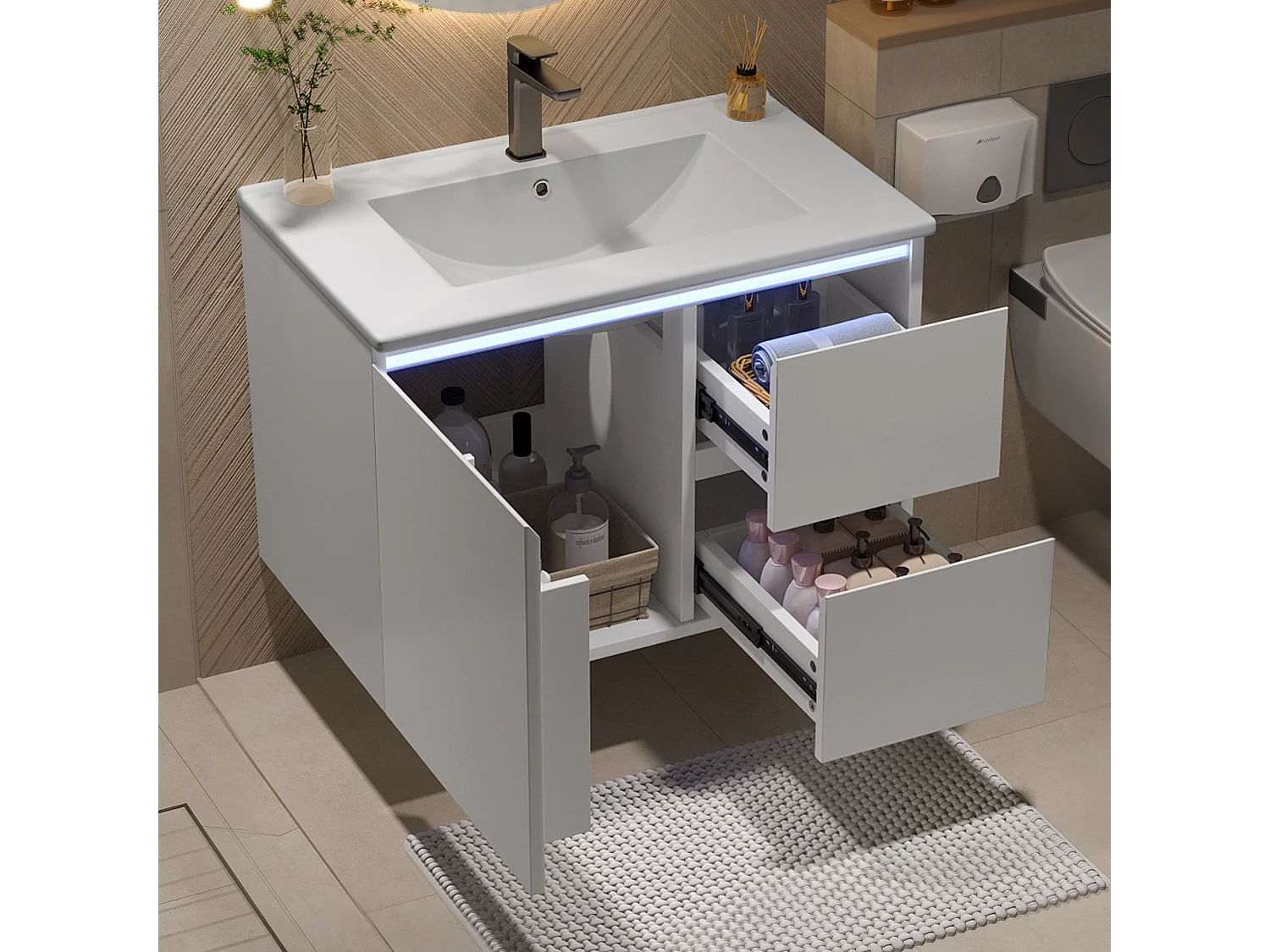 Armoire de salle de bain suspendue, avec double panier à linge, 1 lavabo intégré, MDF laqué, blanc (76x46x50 cm)