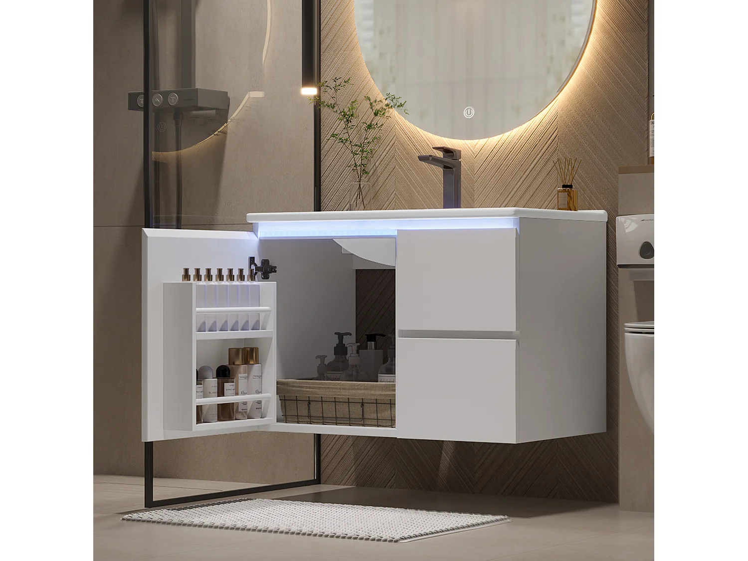 Armoire de salle de bain suspendue, avec double panier à linge, 1 lavabo intégré, MDF laqué, blanc (76x46x50 cm)