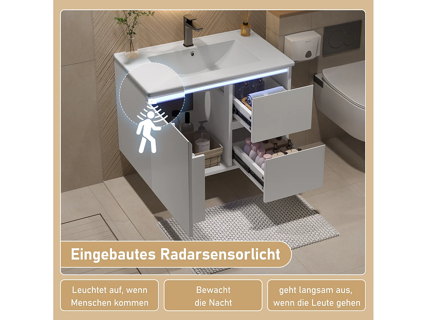 Armoire de salle de bain suspendue, avec double panier à linge, 1 lavabo intégré, MDF laqué, blanc (76x46x50 cm)