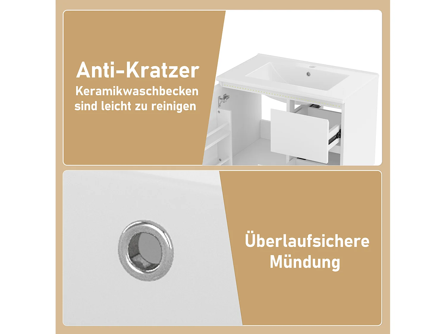 Armoire de salle de bain suspendue, avec double panier à linge, 1 lavabo intégré, MDF laqué, blanc (76x46x50 cm)