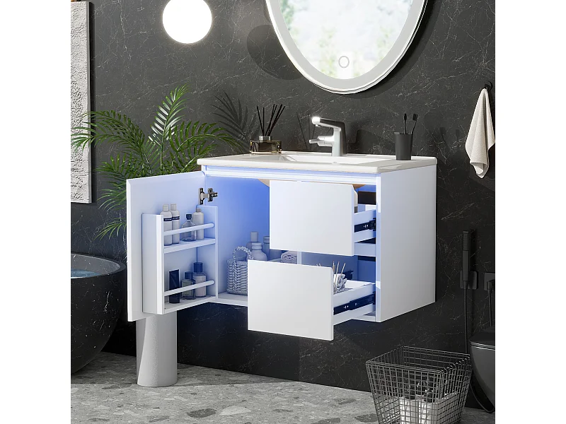 Armoire de salle de bain suspendue, avec double panier à linge, 1 lavabo intégré, MDF laqué, blanc (76x46x50 cm)