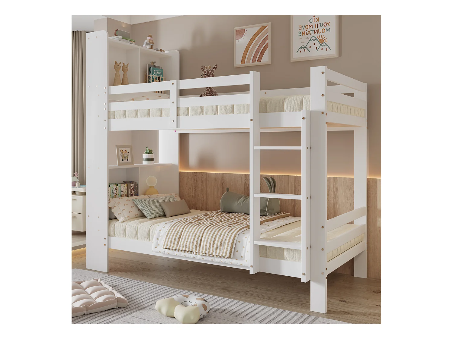 Lit superposé 90x200 cm - Lit enfant avec échelle et étagère de rangement - blanc