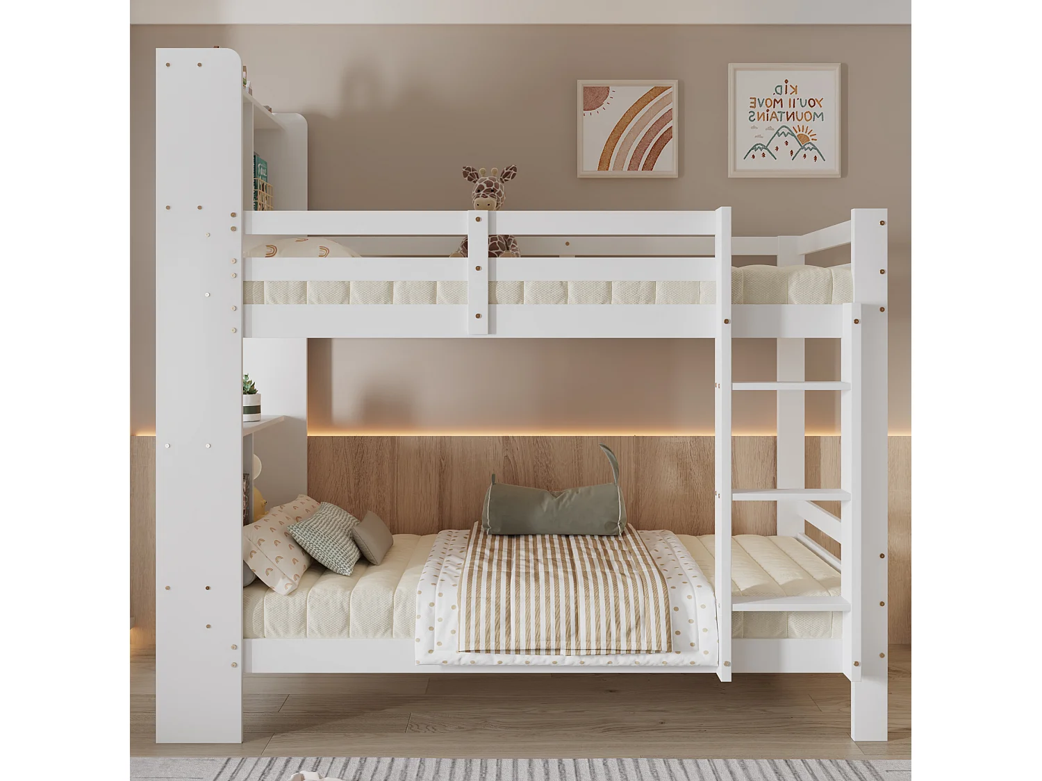 Lit superposé 90x200 cm - Lit enfant avec échelle et étagère de rangement - blanc