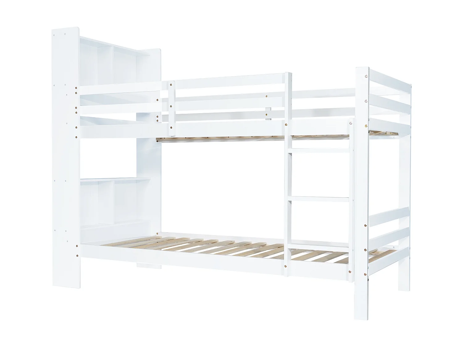 Lit superposé 90x200 cm - Lit enfant avec échelle et étagère de rangement - blanc