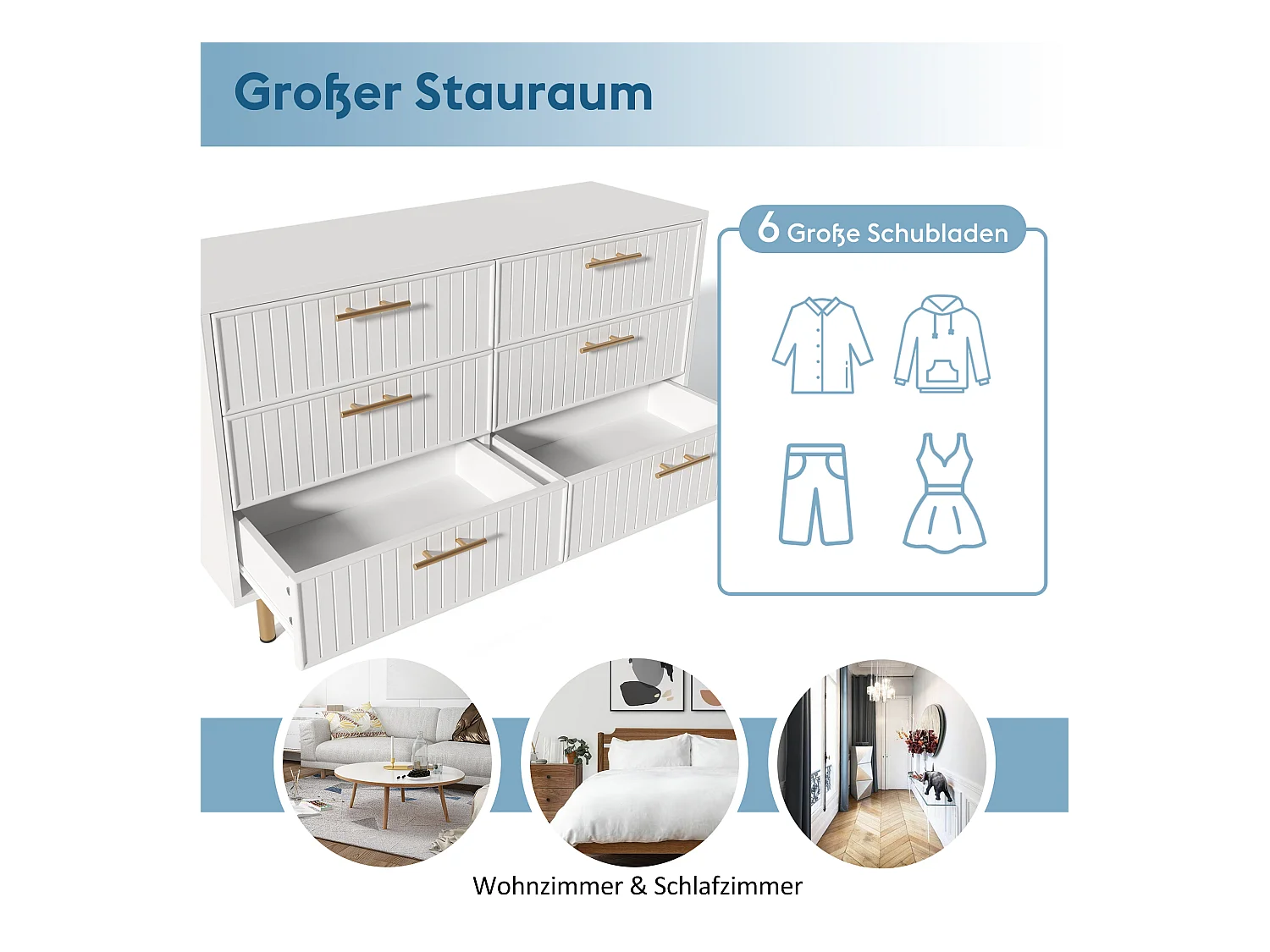 Ladekast met 6 laden, modern design, MDF, wit (120x75x40 cm)