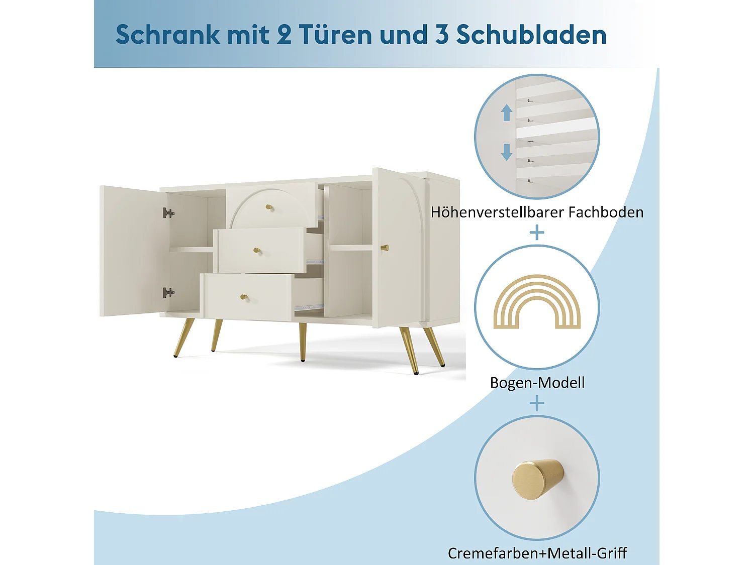 Commode avec 2 portes et 3 tiroirs, design moderne, bois et métal, crème blanc (140x75x40 cm)