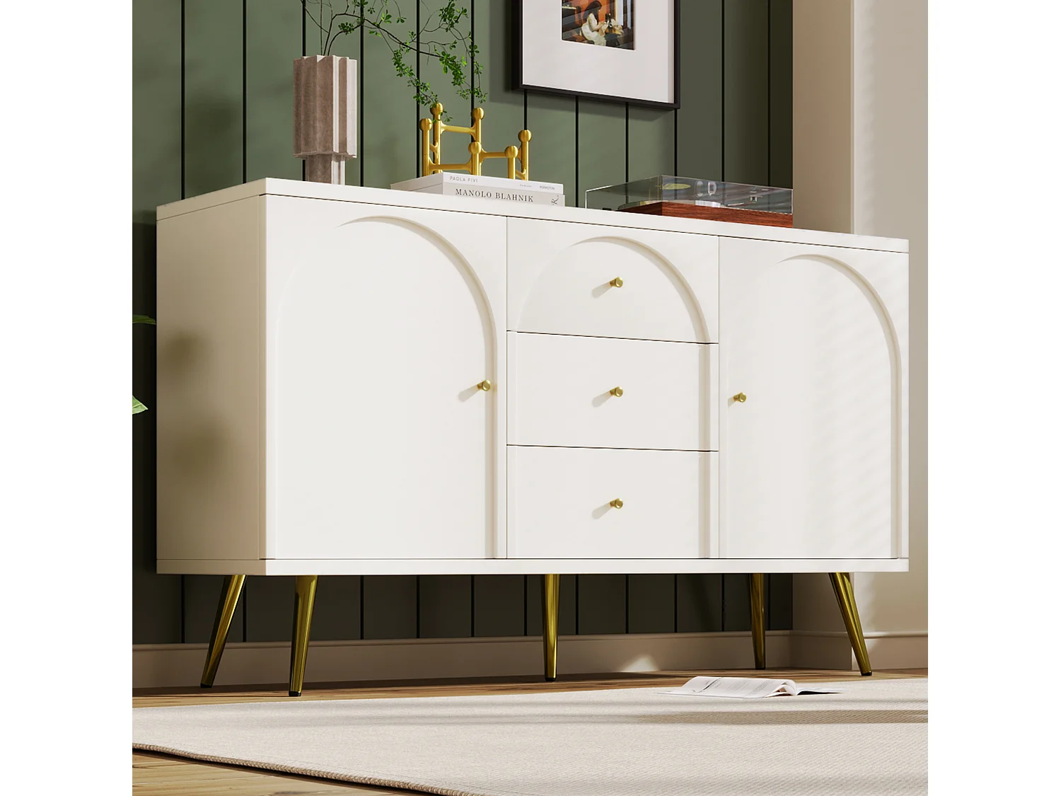 Commode avec 2 portes et 3 tiroirs, design moderne, bois et métal, crème blanc (140x75x40 cm)