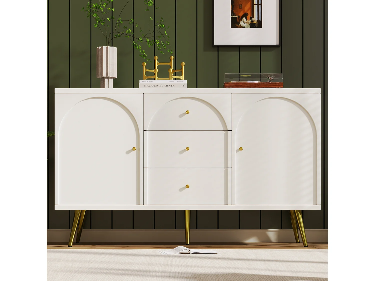 Commode avec 2 portes et 3 tiroirs, design moderne, bois et métal, crème blanc (140x75x40 cm)