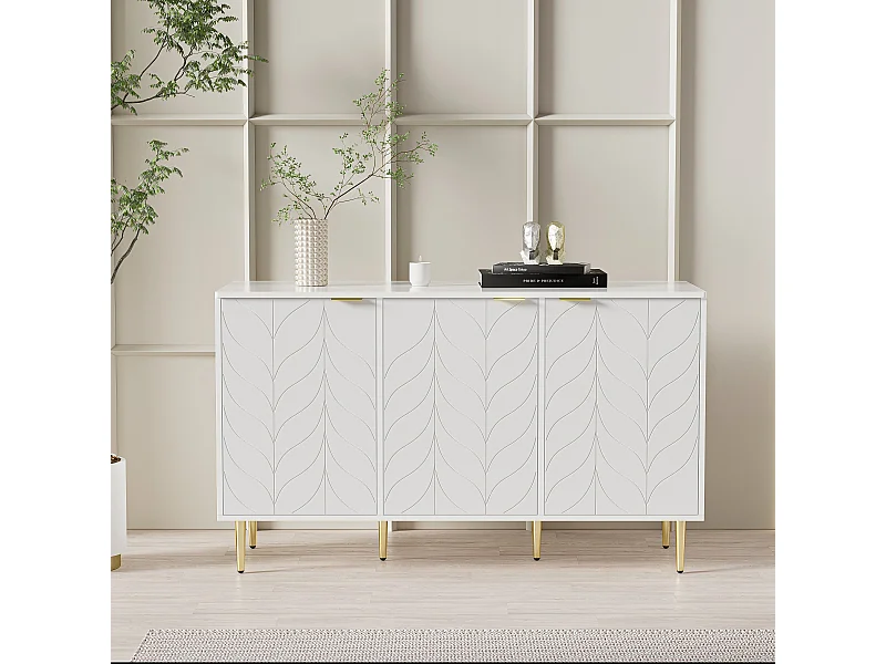 Cassettiera con motivo floreale, gambe dorate, MDF, bianco, con 6 cassetti e 2 ripiani (127 x 45 x 75 cm)