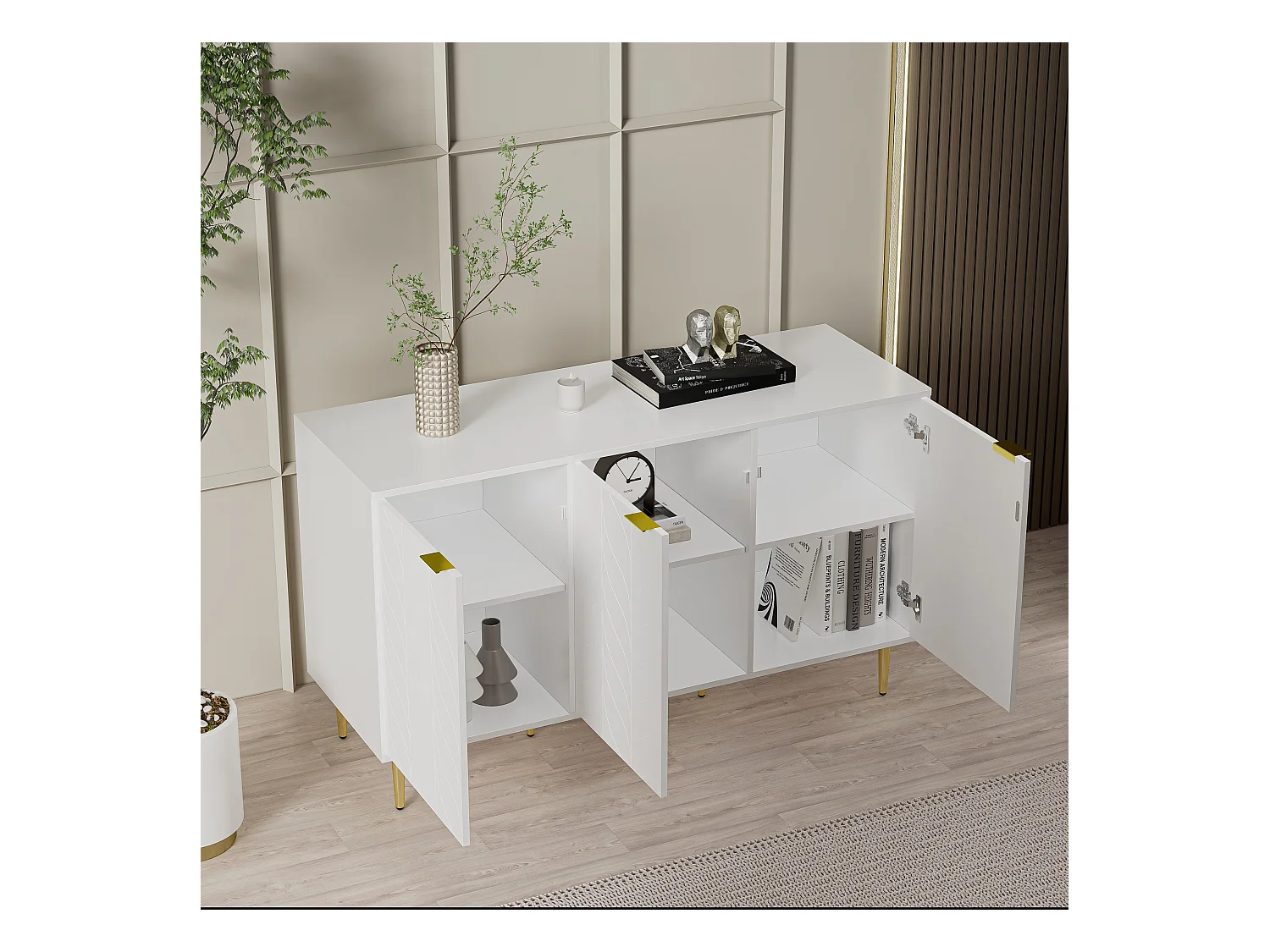 Cassettiera con motivo floreale, gambe dorate, MDF, bianco, con 6 cassetti e 2 ripiani (127 x 45 x 75 cm)