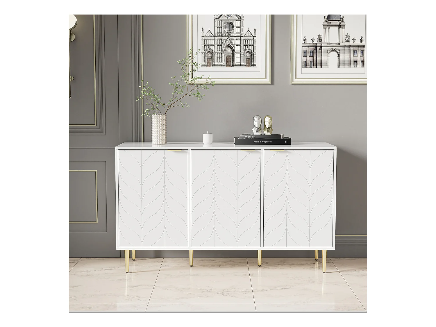 Cassettiera con motivo floreale, gambe dorate, MDF, bianco, con 6 cassetti e 2 ripiani (127 x 45 x 75 cm)
