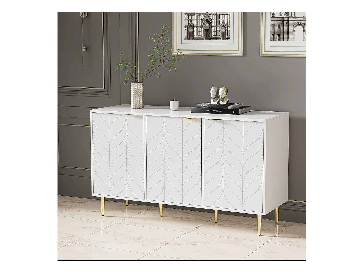 Cassettiera con motivo floreale, gambe dorate, MDF, bianco, con 6 cassetti e 2 ripiani (127 x 45 x 75 cm)