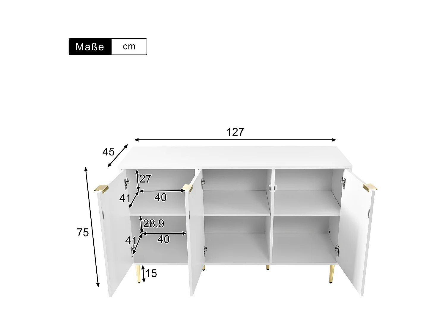 Cassettiera con motivo floreale, gambe dorate, MDF, bianco, con 6 cassetti e 2 ripiani (127 x 45 x 75 cm)