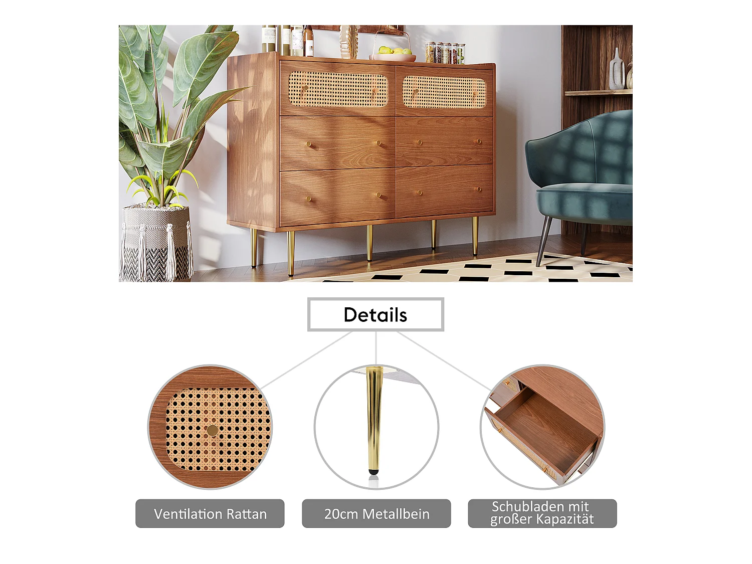 Ladekast met 6 laden, rotandeuren, hout en metaal, walnoot (90x120x40 cm)