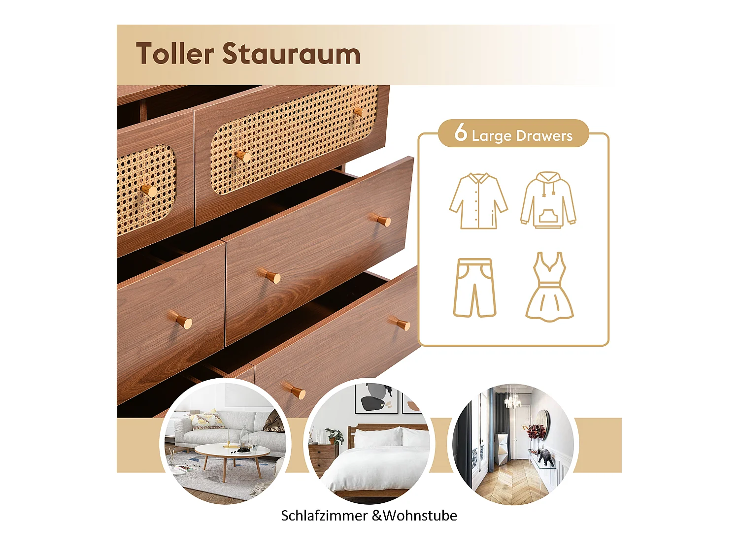 Ladekast met 6 laden, rotandeuren, hout en metaal, walnoot (90x120x40 cm)