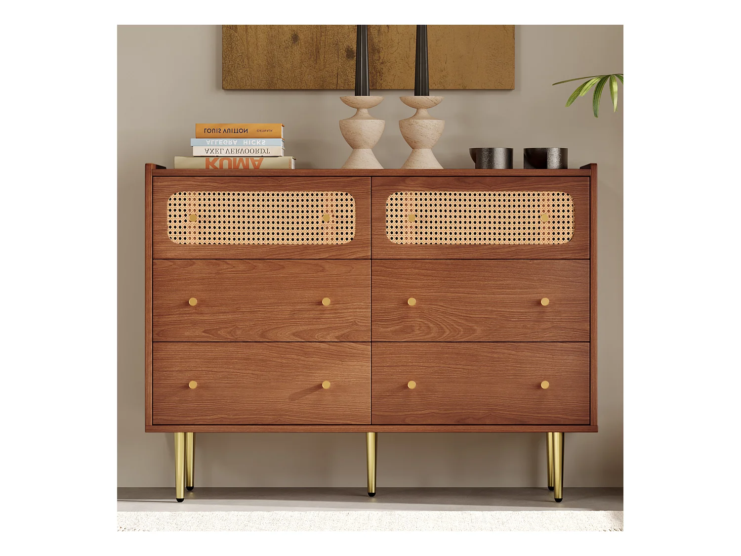 Commode avec 6 tiroirs, portes en rotin, bois et métal, noyer (90x120x40 cm)
