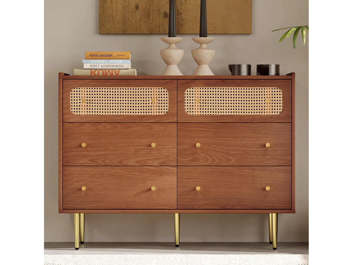 Cassettiera con 6 cassetti, ante in rattan, legno e metallo, noce (90x120x40 cm)