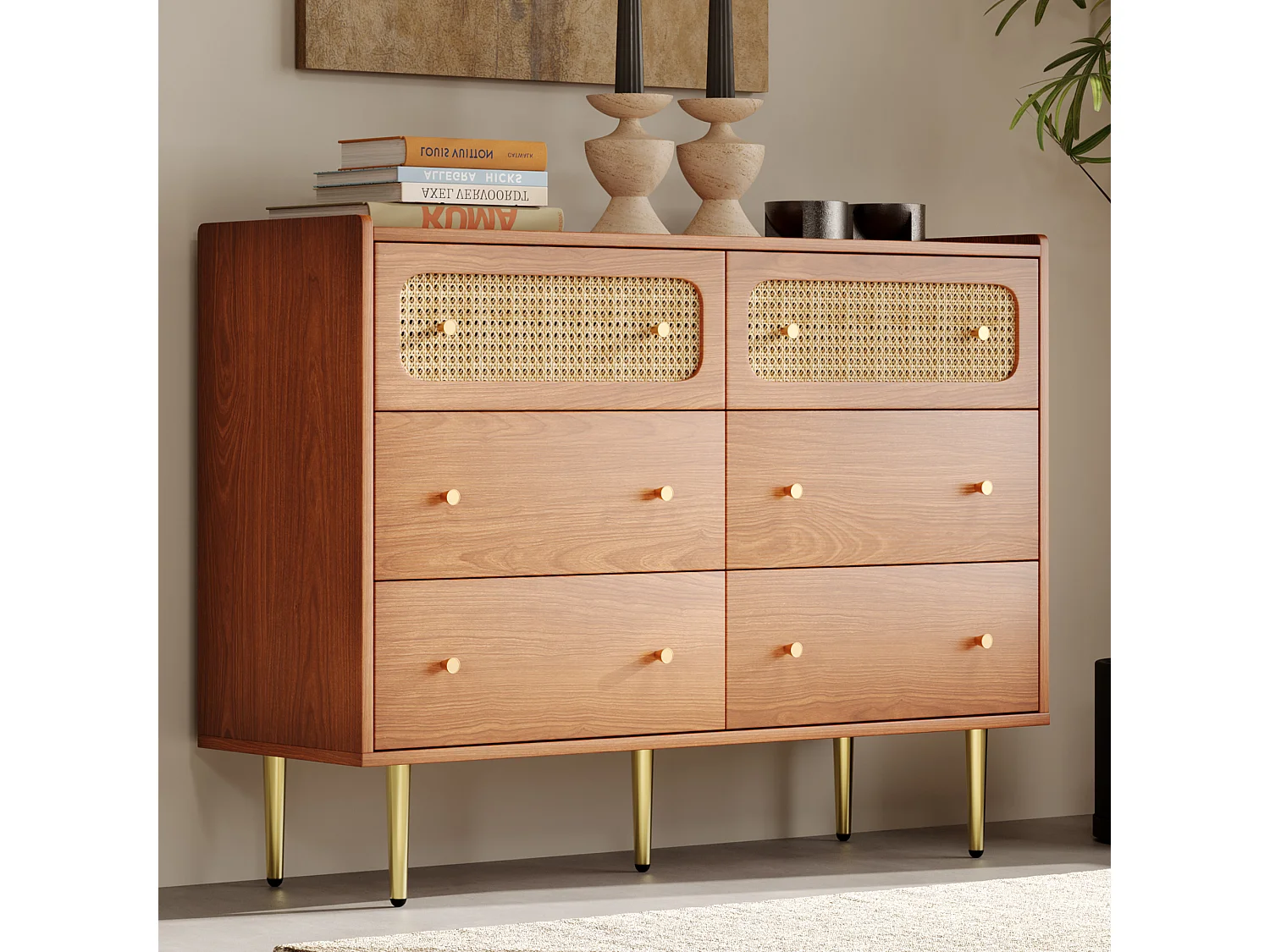 Cassettiera con 6 cassetti, ante in rattan, legno e metallo, noce (90x120x40 cm)