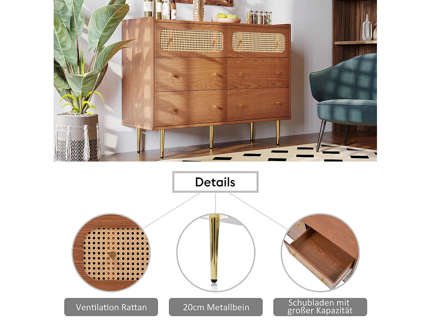 Cassettiera con 6 cassetti, ante in rattan, legno e metallo, noce (90x120x40 cm)