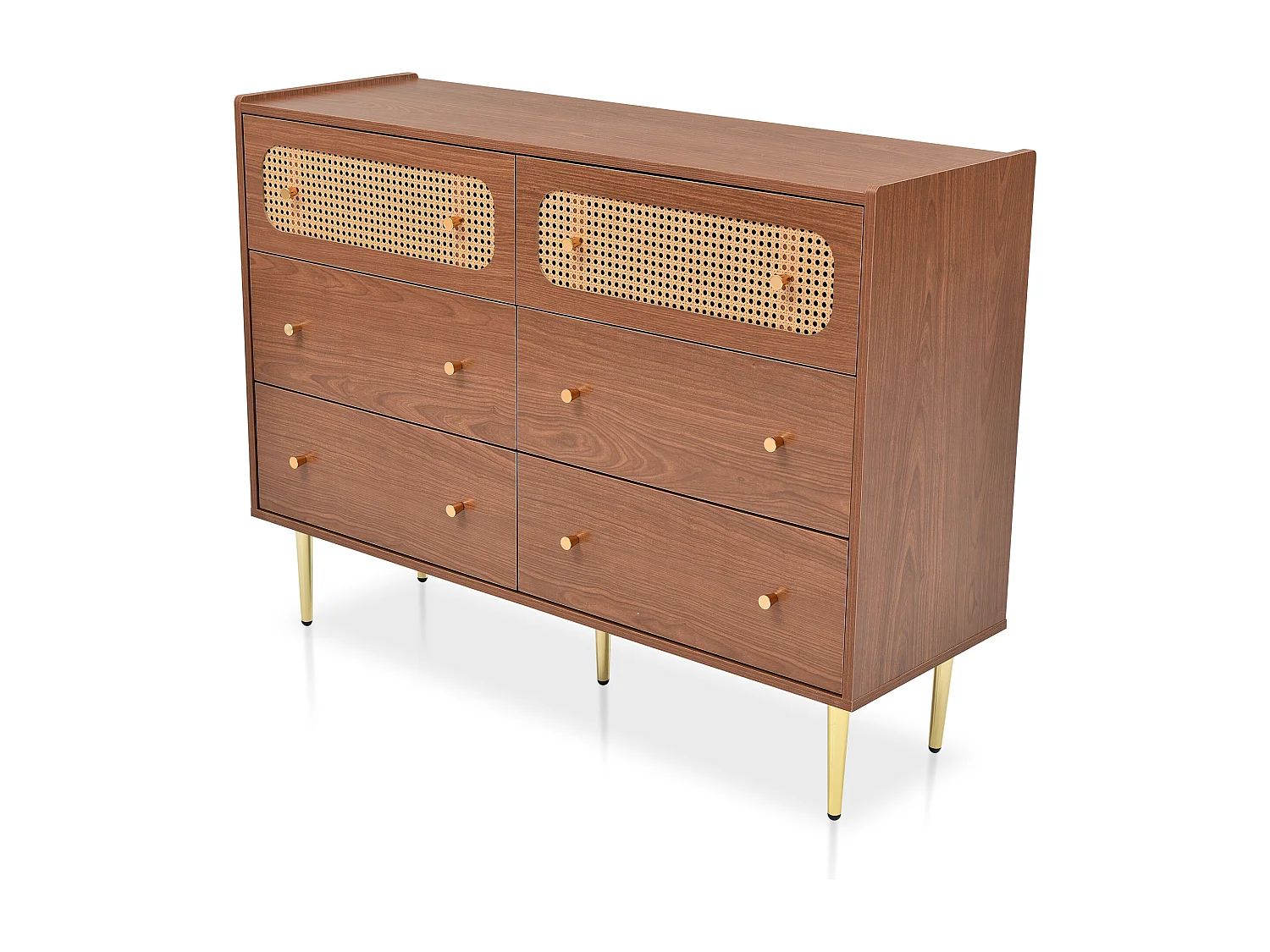 Cassettiera con 6 cassetti, ante in rattan, legno e metallo, noce (90x120x40 cm)