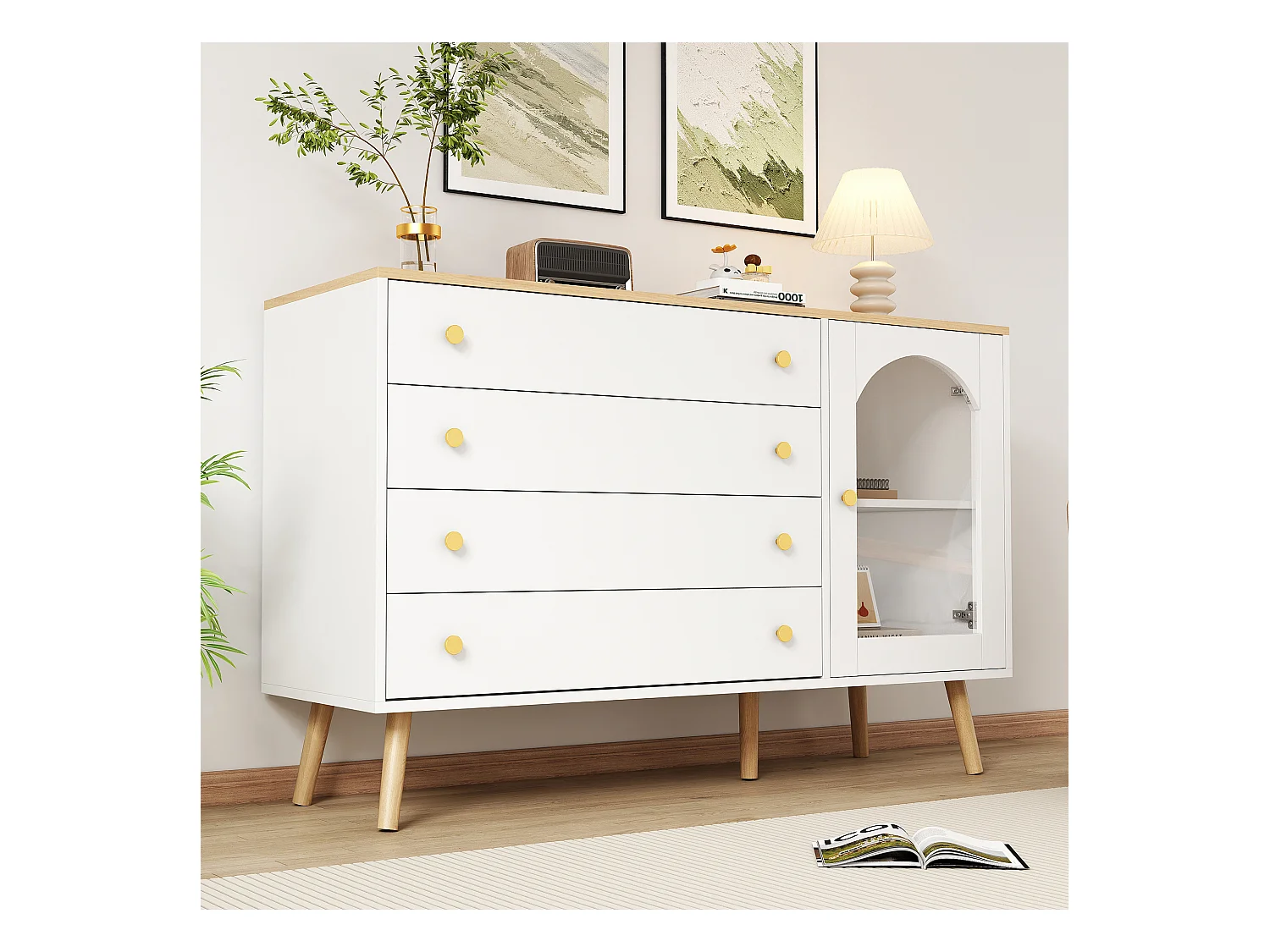 Commode à tiroirs blancs, design moderne, MDF, bois clair, (40x120x77.5 cm)