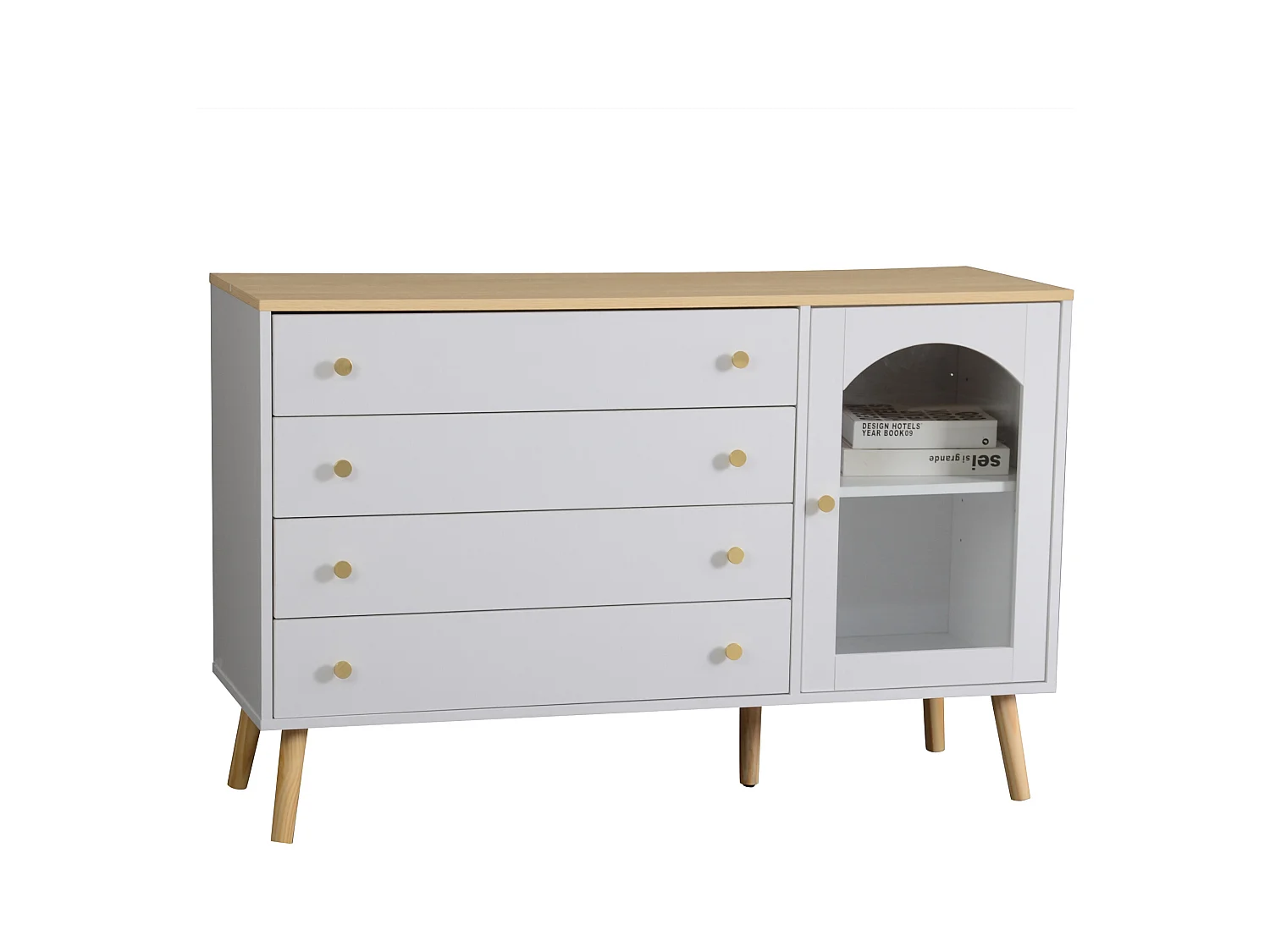 Commode à tiroirs blancs, design moderne, MDF, bois clair, (40x120x77.5 cm)