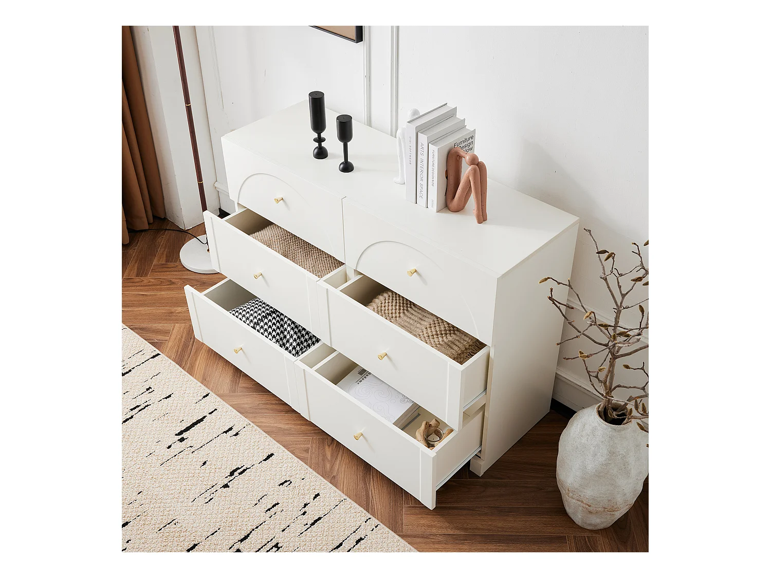 Ladekast met 6 laden en 2 deuren, elegant design, hoogwaardige materialen, wit (120x40x75 cm)