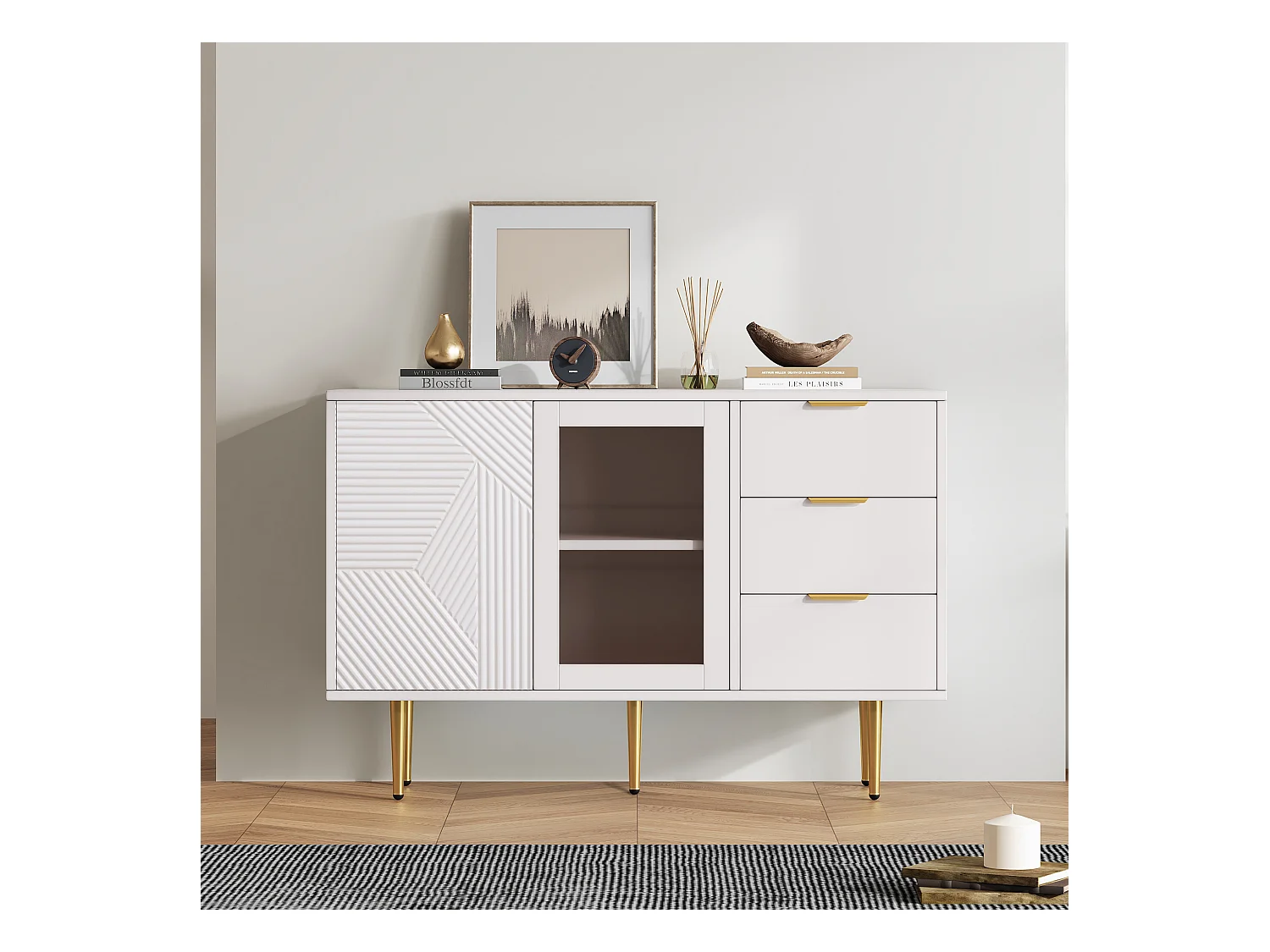 Ladekast met 3 lades en 2 deuren, met metalen poten en glazen deuren, wit (120x38x79,5 cm)