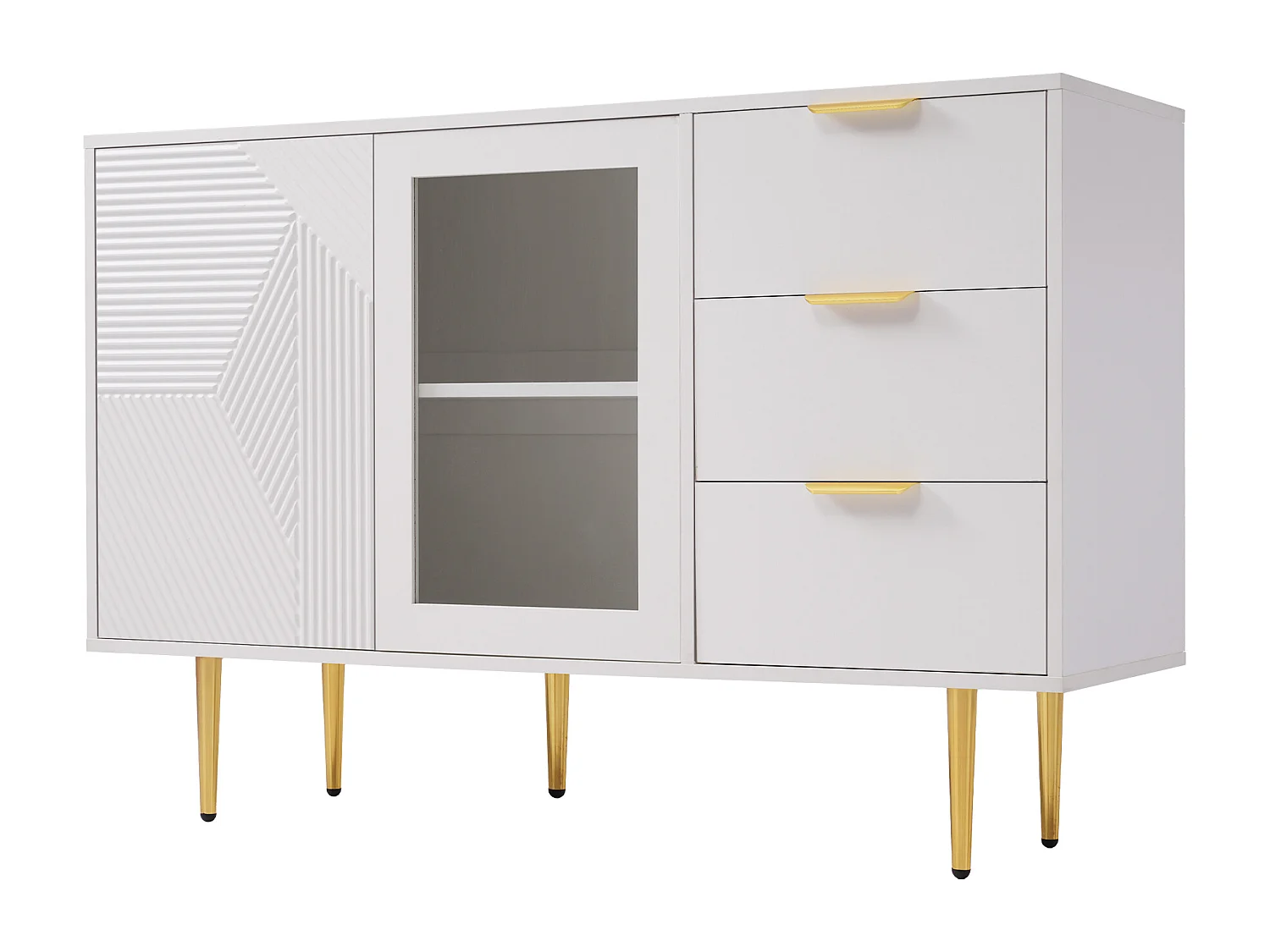 Ladekast met 3 lades en 2 deuren, met metalen poten en glazen deuren, wit (120x38x79,5 cm)