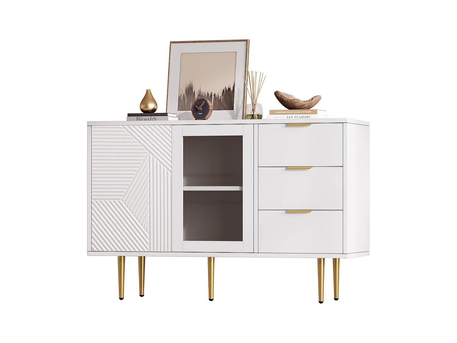 Commode à 3 tiroirs et 2 portes, avec pieds métalliques et portes en verre, blanche (120x38x79.5 cm)