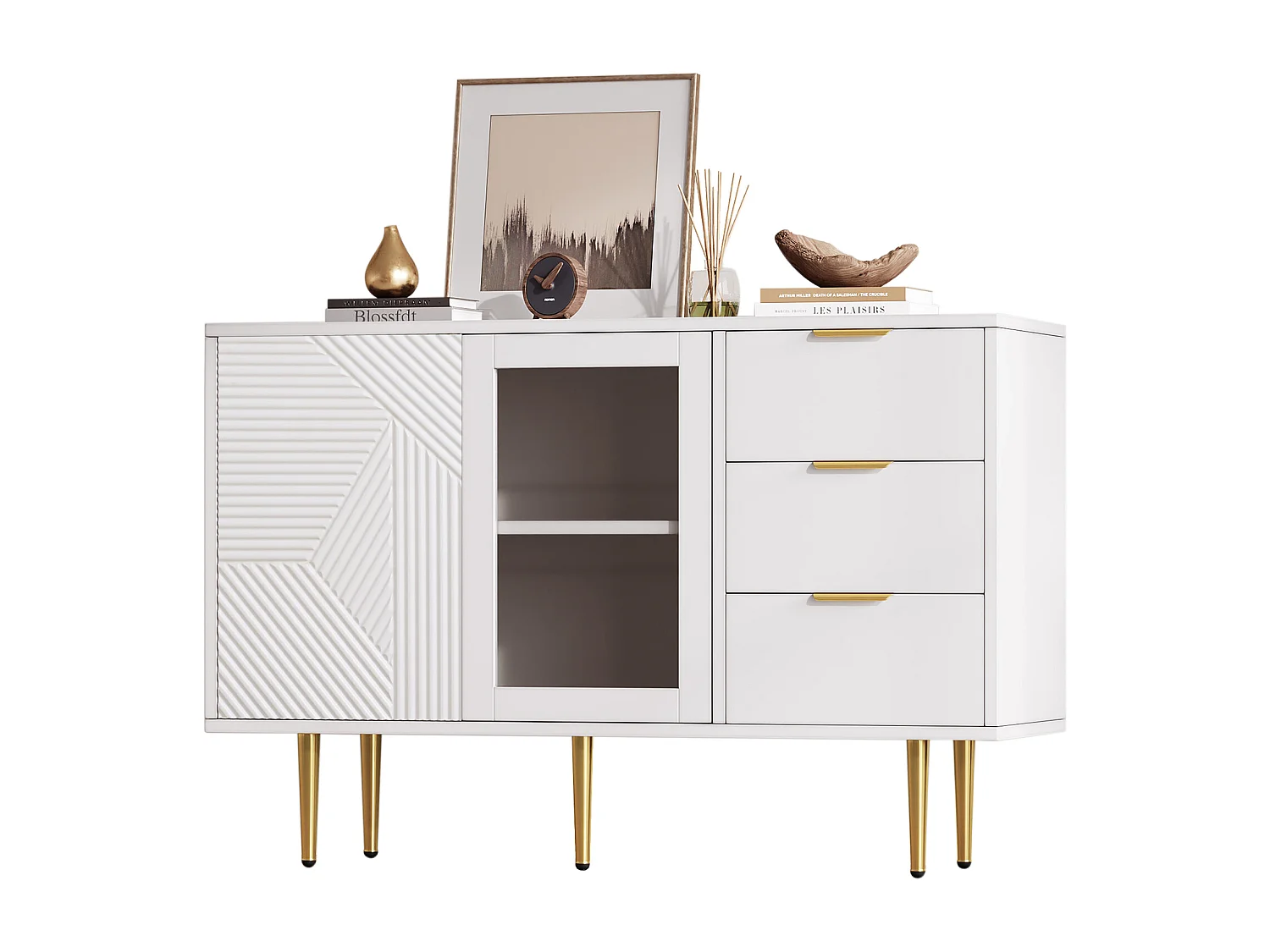 Commode à 3 tiroirs et 2 portes, avec pieds métalliques et portes en verre, blanche (120x38x79.5 cm)