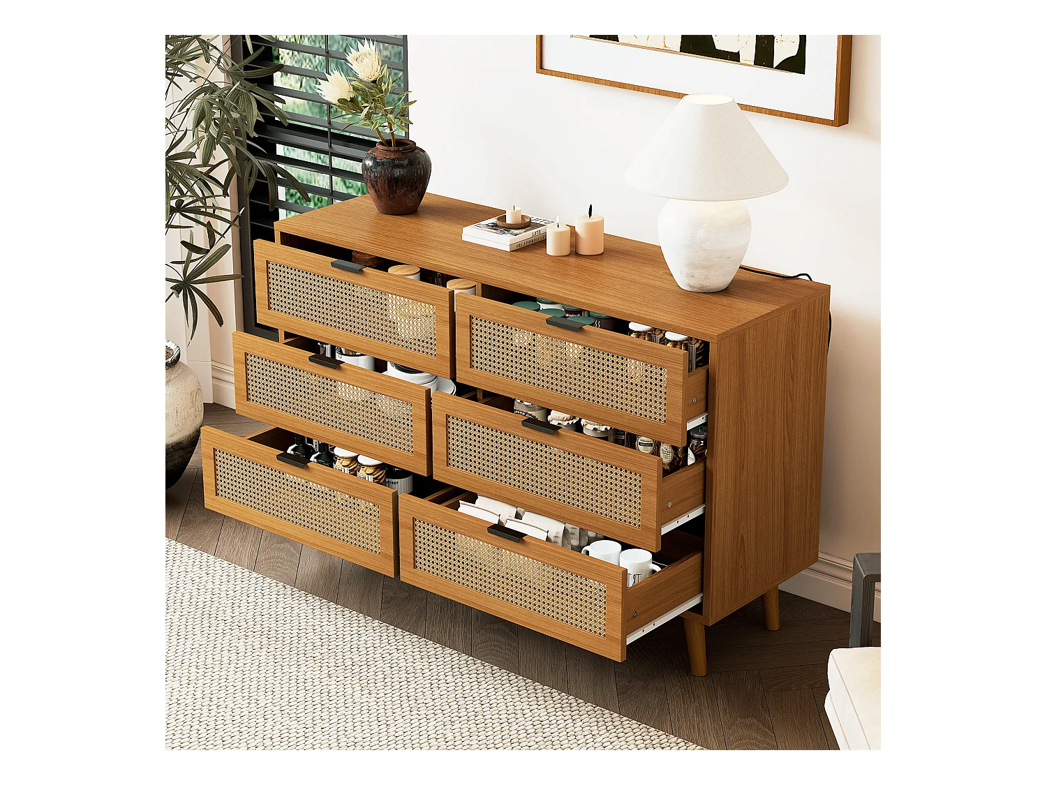 Commode avec 6 tiroirs, meuble de rangement en bois avec poignées métalliques, style rétro, pour chambre et bureau (120x40x76.5 cm)